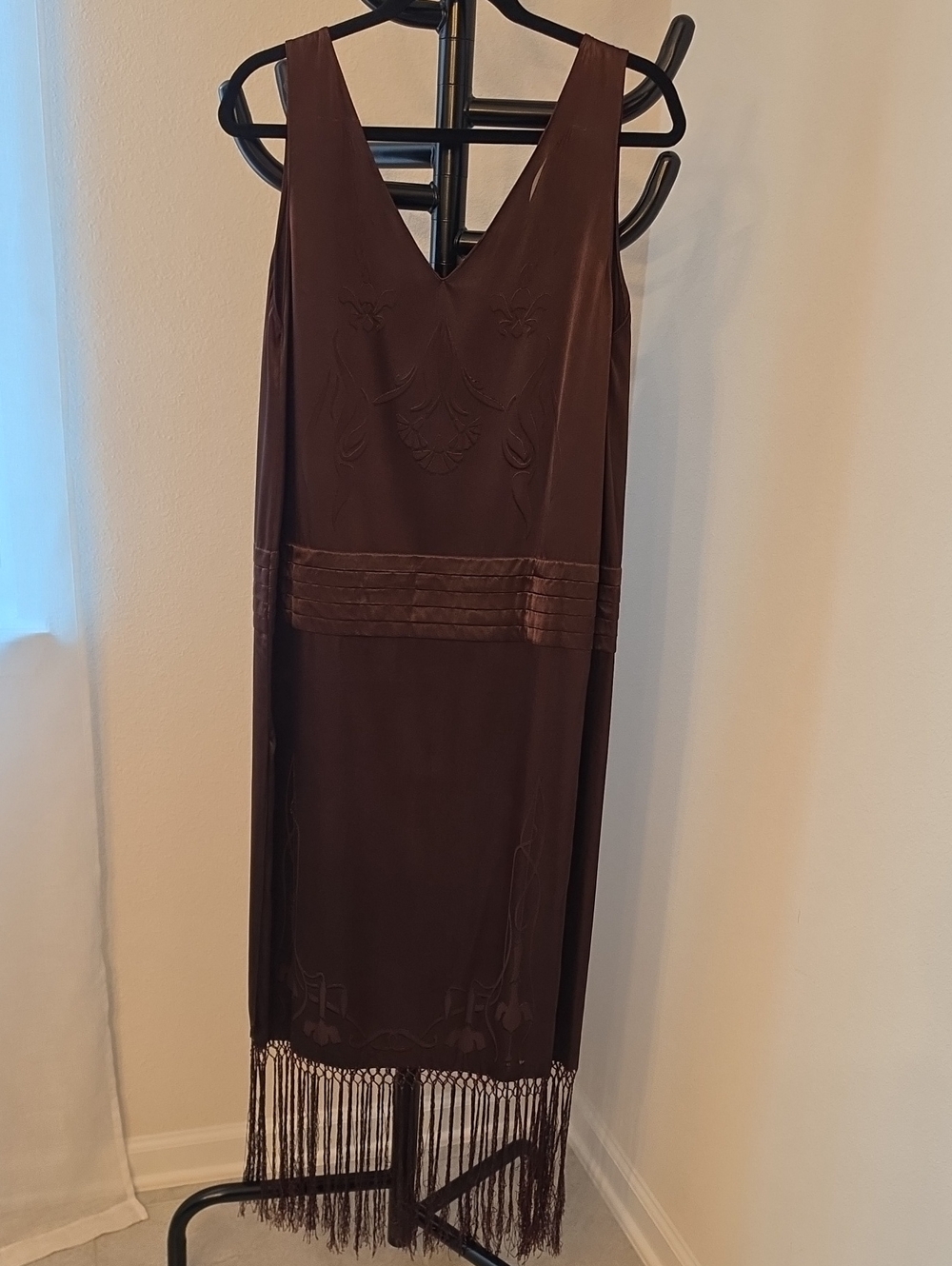Zara Chocolate Brown V-Neck Midi Dress with Fringe